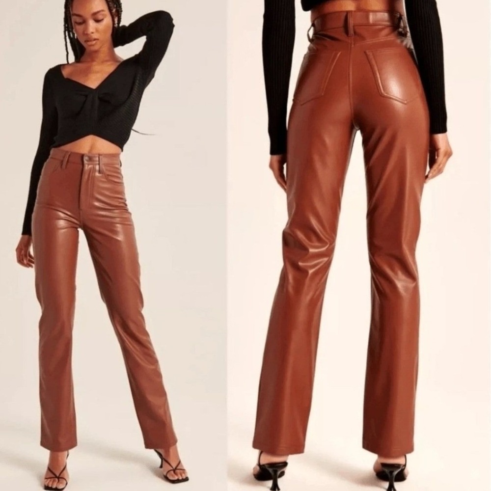 Abercrombie Fitch 90s Straight Ultra High Rise Faux Leather Pants Brown sz 27/4S